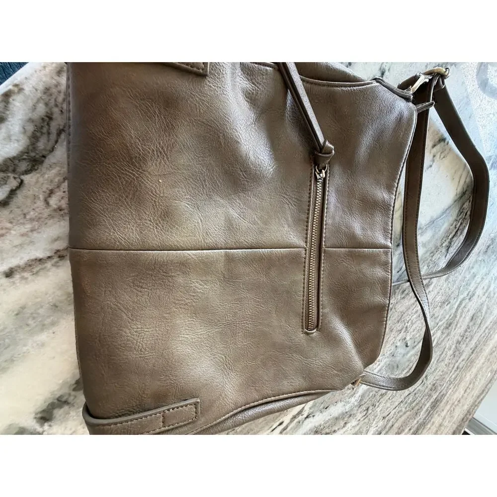 MMS Taupe Metallic Shoulder Bag Large Faux Leather‎ Hobo Purse Gold Hardware